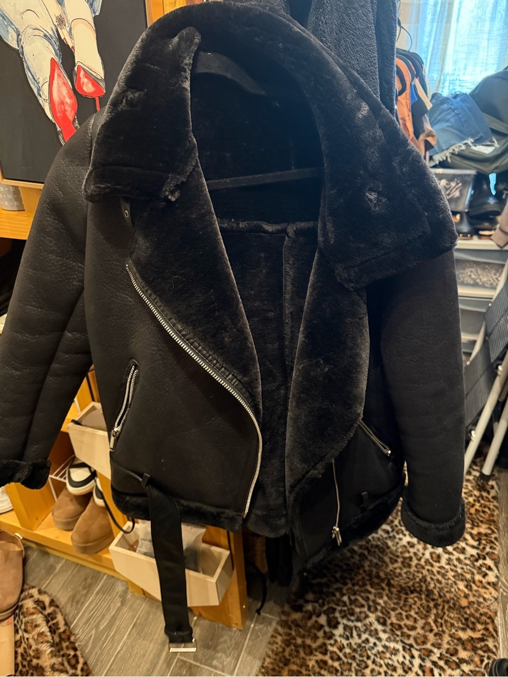 Black Faux Shearling Moto Jacket for Women